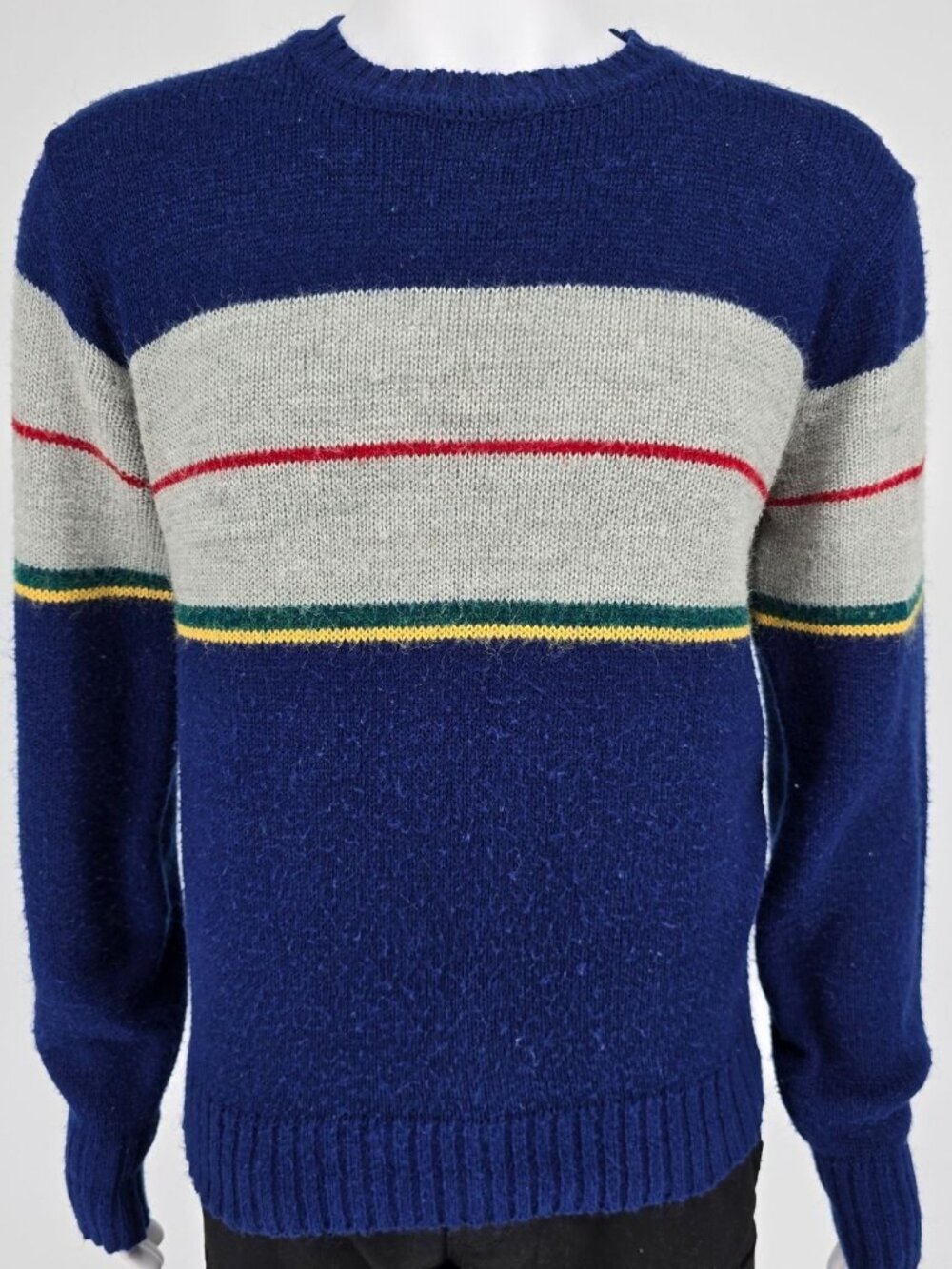 Vintage 1980s SIM Sportswear Blue & Gray Striped Acrylic/Nylon Sweater (L/XL)